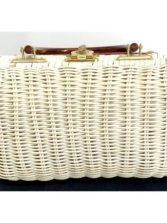 Vintage Purse Nylon Wicker Woven Lucite Handbag British Hong Kong 9" Wide - Picture 5 of 11